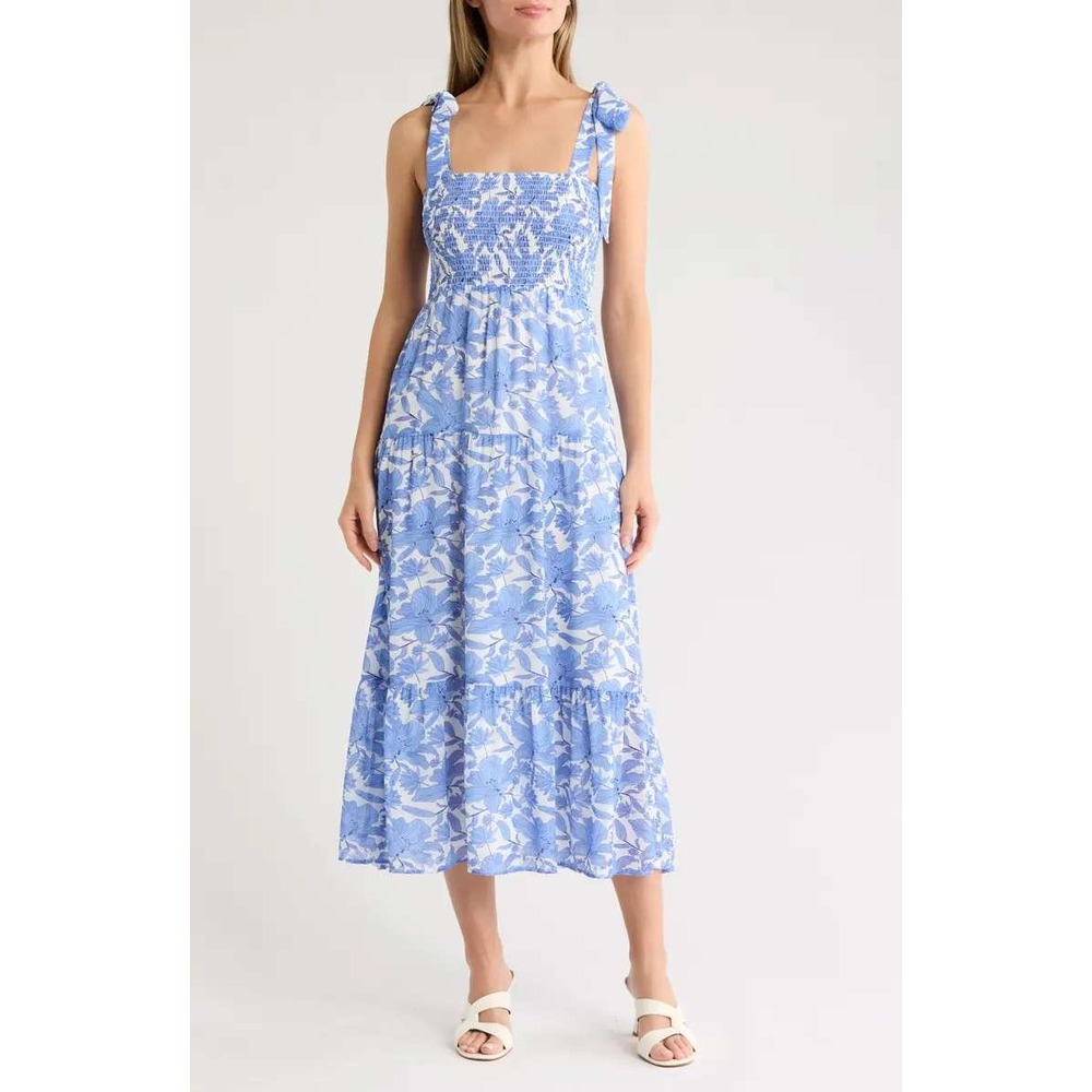 Sam Edelman Blue White Floral Smocked Tiered Midi‎ Dress Tie Shoulder Womens 6